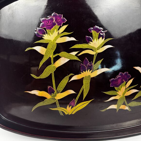 Vtg Toyo Japan Lacquer Ware 19x12" Black Floral Serving Tray Handles Round READ - Picture 4 of 14